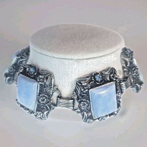 Vintage Ornate Silver Tone Link Bracelet Blue Lucite Cabochon Rhinestone...